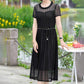 Women's Spring Summer Short-sleeved Dress Mesh Gauze Waist Thin Fake Two-piece Middle Skirt Pure Color Ladies Banquet Dress