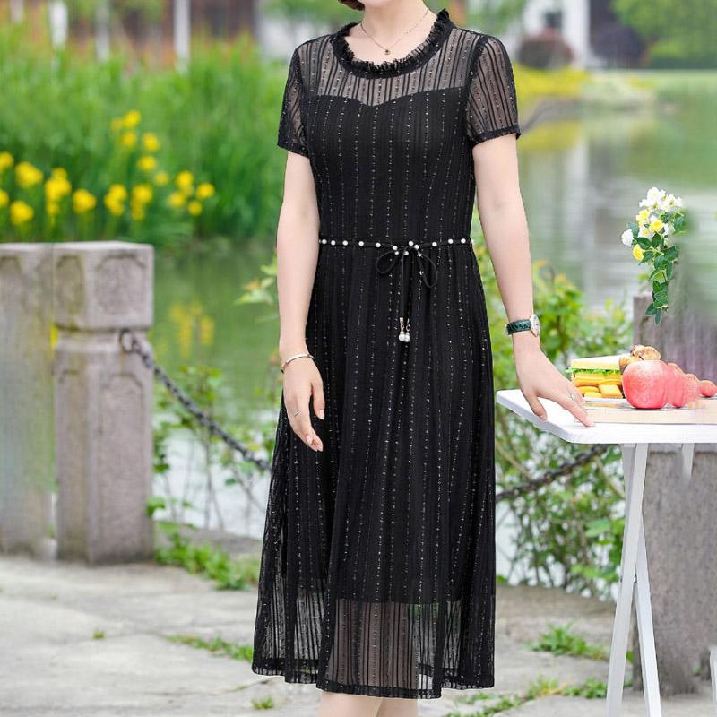 Women's Spring Summer Short-sleeved Dress Mesh Gauze Waist Thin Fake Two-piece Middle Skirt Pure Color Ladies Banquet Dress