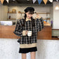 Autumn and Winter Warm Plaid Lapel Stitching Pullover Sweater Girl Loose Wild Woolen Coat