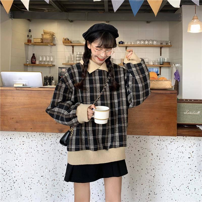 Autumn and Winter Warm Plaid Lapel Stitching Pullover Sweater Girl Loose Wild Woolen Coat