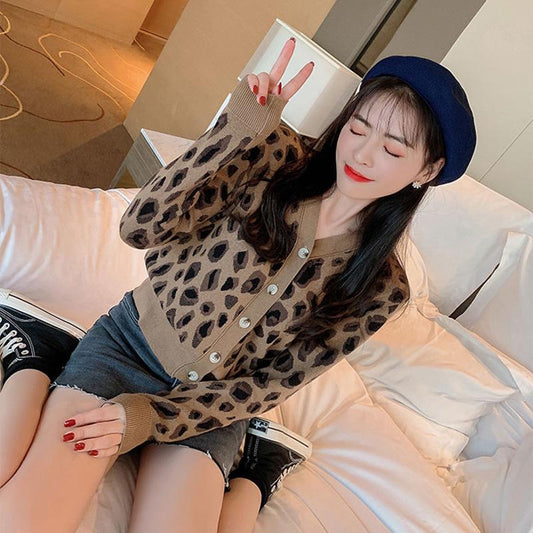 Spring and Autumn Leopard Print Knit Thin Jacket Slim Short Knit Casual Blouse