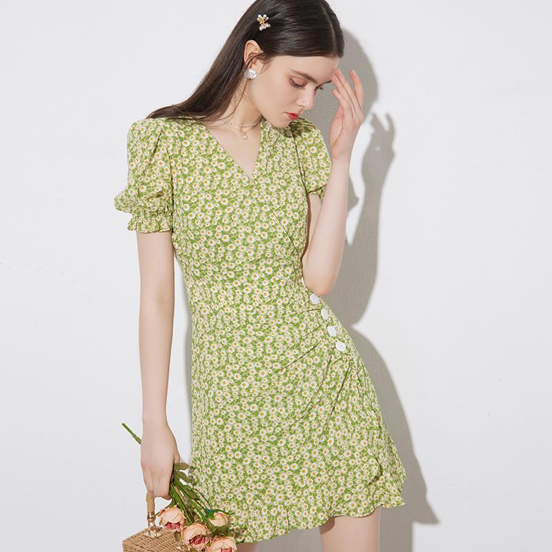 Female Vintage Elegant Short Green Daisy Print Holiday Dress Bubble Sleeves Short Slim Party Dress