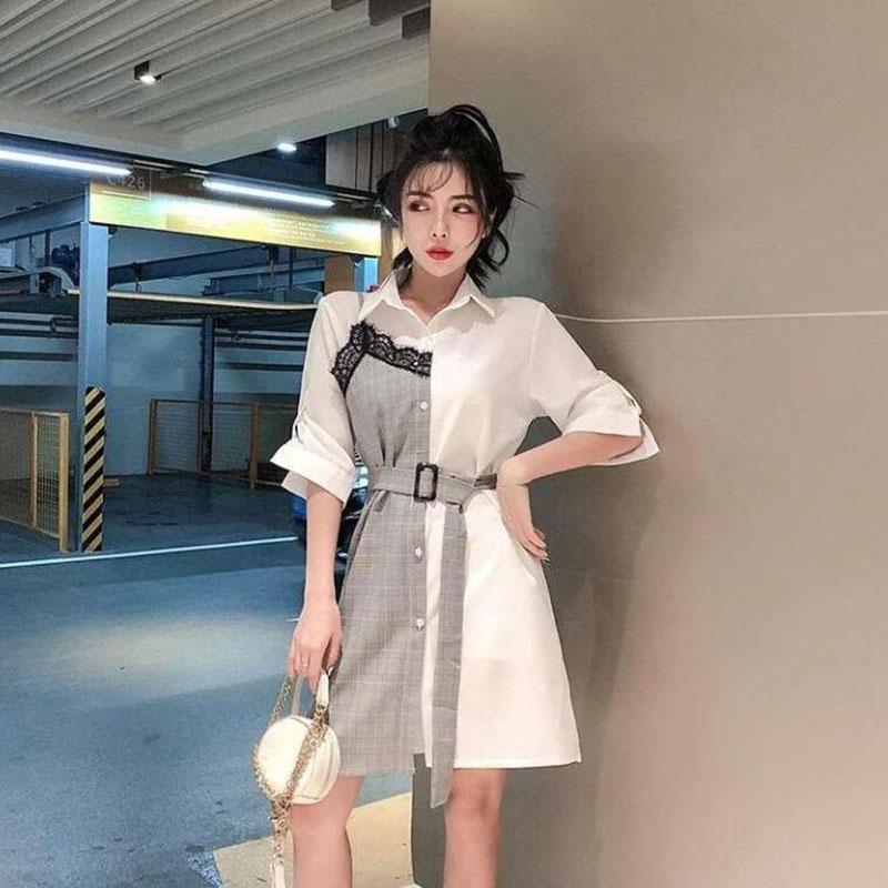 Women Shirt Dress Summer  Female Plus Size Slim Lace Plaid Stitching Midi Dress Elegant Dress with Sashes