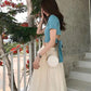 Two-piece Skirt Suit Summer Ladies Bow Tie Cotton Top T-shirt + Organza Chiffon Skirt Sexy Show Waist A-line Skirt Suit