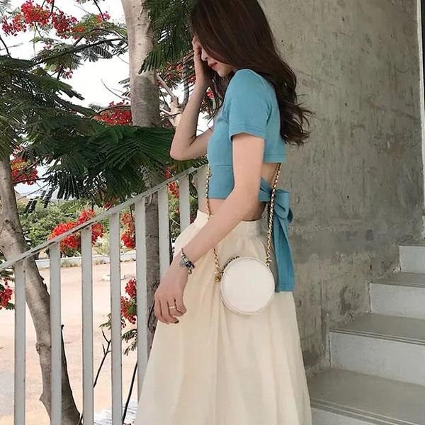Two-piece Skirt Suit Summer Ladies Bow Tie Cotton Top T-shirt + Organza Chiffon Skirt Sexy Show Waist A-line Skirt Suit