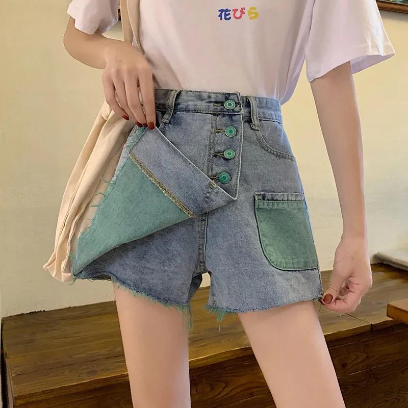 Spring Korean Design Sense Stitching Single-breasted High-waisted Denim Shorts and Skirt Pants Trendy