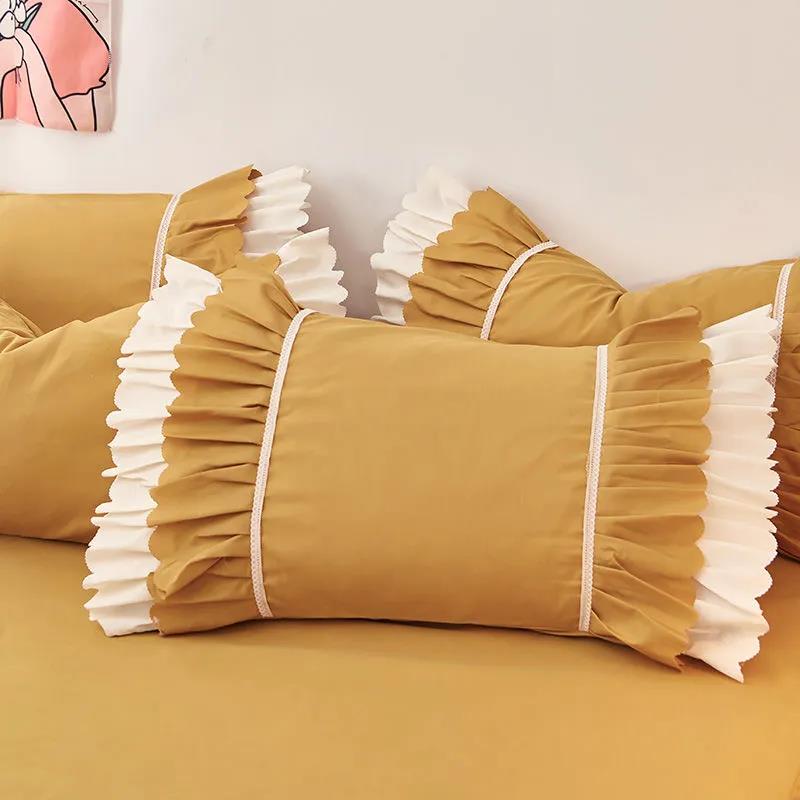 Korean Version of Cotton Bedding Lace Pillowcases A Pair of Single and Double Lotus Leaf Pillowcases Universal 48*74cm