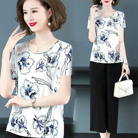 Summer Printing Middle-aged and Elderly Fashion Printing Ladies Age-reducing T-shirt Loose Short-sleeved Foreign Style Meat-covering Top