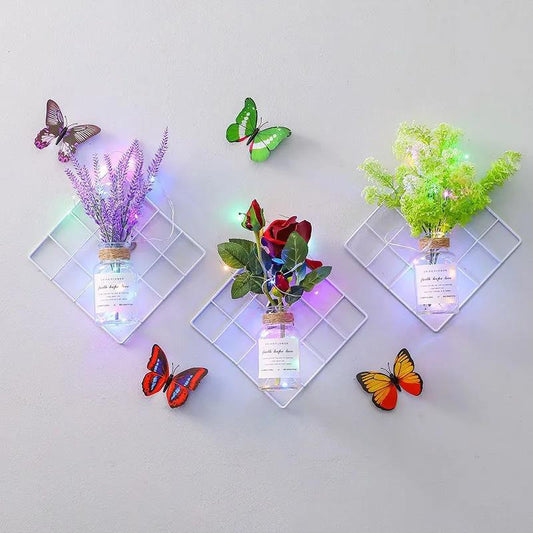 Art Flower Combination Set Wall Mounted Flower Stand Plastic Imitation Flower Decoration with Colorful Light Strip