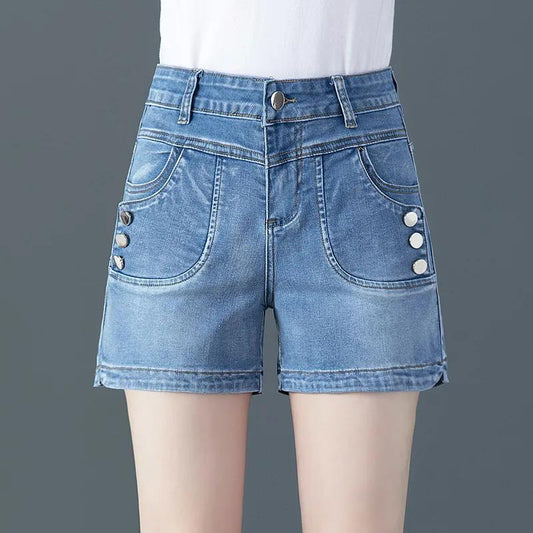 Fashion Denim Shorts Women's Summer Korean Embroidered Straight Leg Thin Elastic High Waist All-match Jeans Women