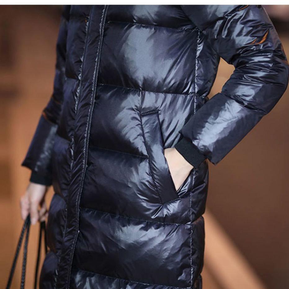 White Duck Down Jacket Women's Hooded Thickened Simple Long Over-the-knee Slim Coat