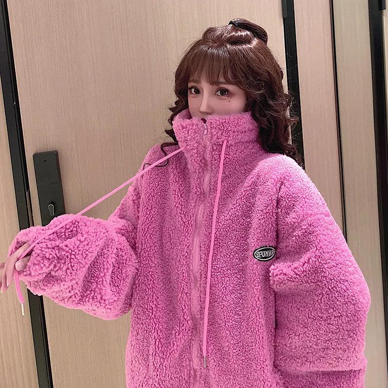 Winter Women's Plus Fleece Stand Collar Polar Fleece Jacket Korean Version Plus Cotton Thick Mid-length Lamb Fleece Jacket