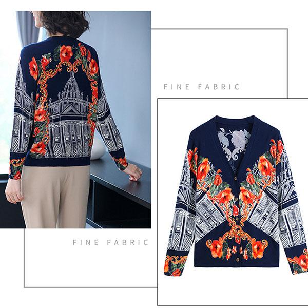Women's  Print Cardigan Autumn and Winter Retro Loose Wool Sweater Plus Size Short Cardigan Sweater