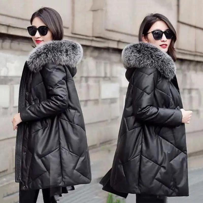 Women's Solid Color Embroidered Down Jacket Mid-length Korean Style Loose Thick Coat Warm Cotton Coat Large Fur Collar Winter Quilted Jacket