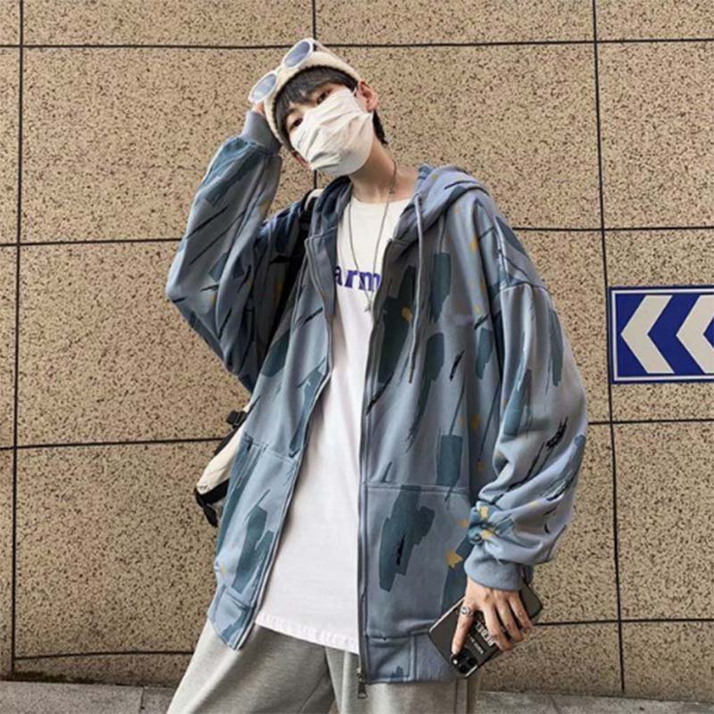 Tie-dye Cardigan Sweater Men's Spring and Autumn Sports Jacket Hooded Loose Jacket Casual All-match Tide Brand Jacket