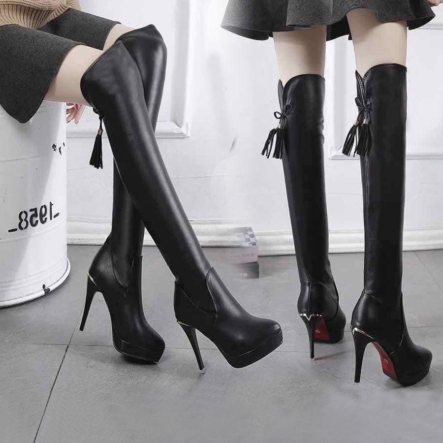 2019 Sexy Party Boots Fashion Women Over The Knee Heels Boots Stretch Flock Winter High Boots Botas