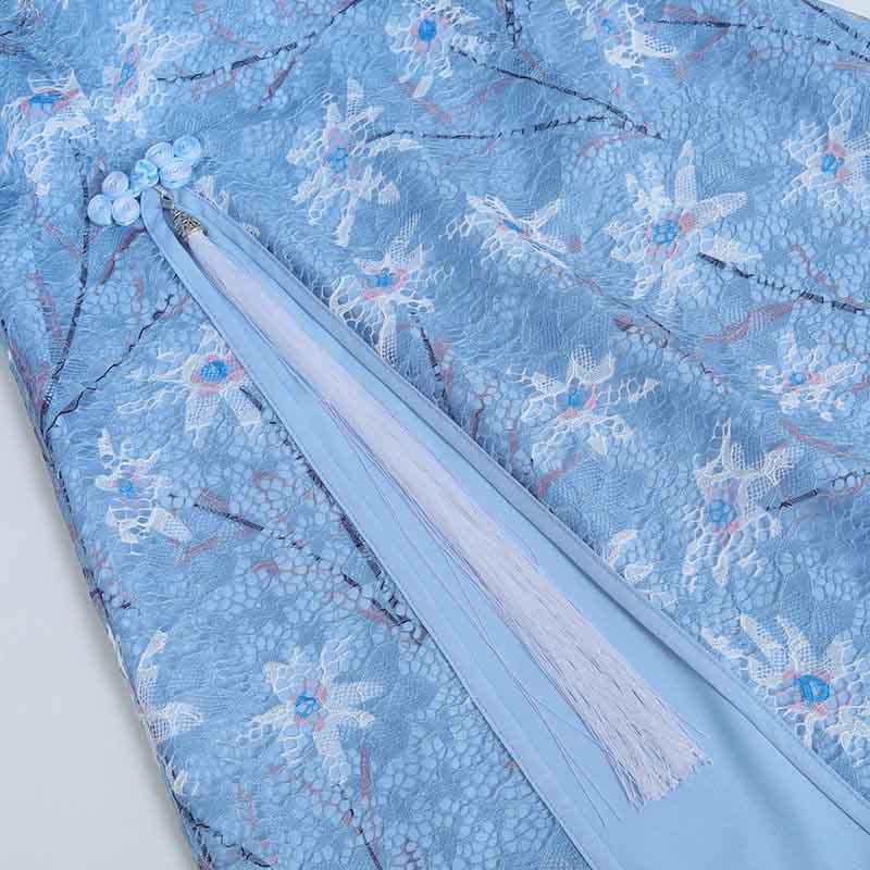 S-2XL Summer Women Slim Cheongsam Lace Floral Dress Mid-sleeved Round Neck Slim Split Dress