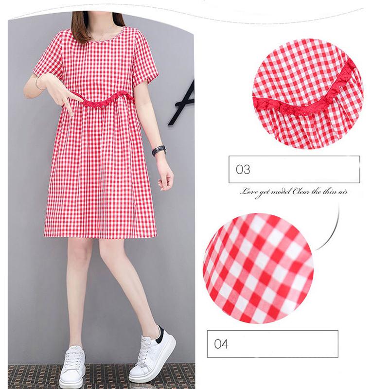 Plaid Lace Skirt S-XXXL Summer Cotton Neckline Round Short-sleeved Knee-length A-line Dress