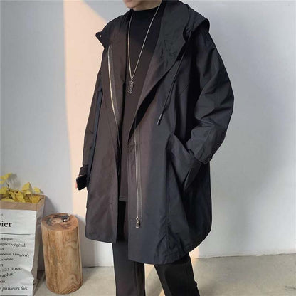 Autumn and Winter Casual Windbreaker Mid-length Coat Loose Men's Hooded Jacket