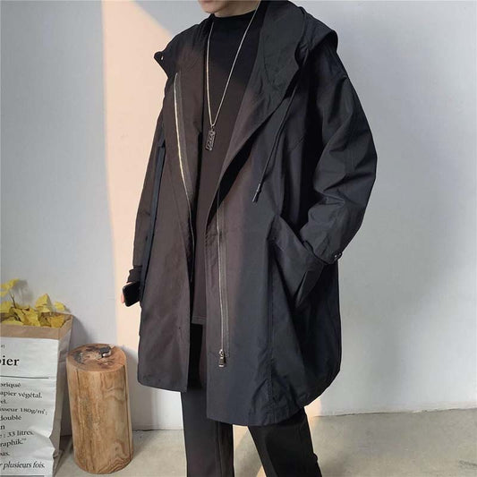 Autumn and Winter Casual Windbreaker Mid-length Coat Loose Men's Hooded Jacket
