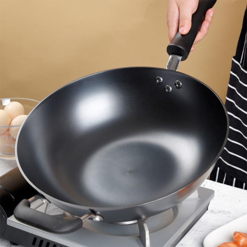 Real Stainless Cast Iron Wok Old-fashioned Iron Wok Uncoated Household Pig Iron Wok Pan Flat Bottom Gas Induction Cooker Universal