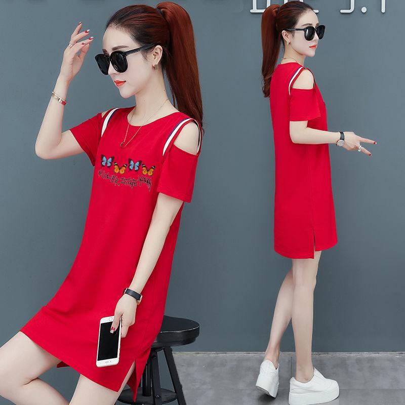 Cotton Fabric Dress Summer Loose Short-sleeved Mid-length T-shirt Women's Off-shoulder Skirt Round Neck Short-sleeved Loose Casual Straight Skirt
