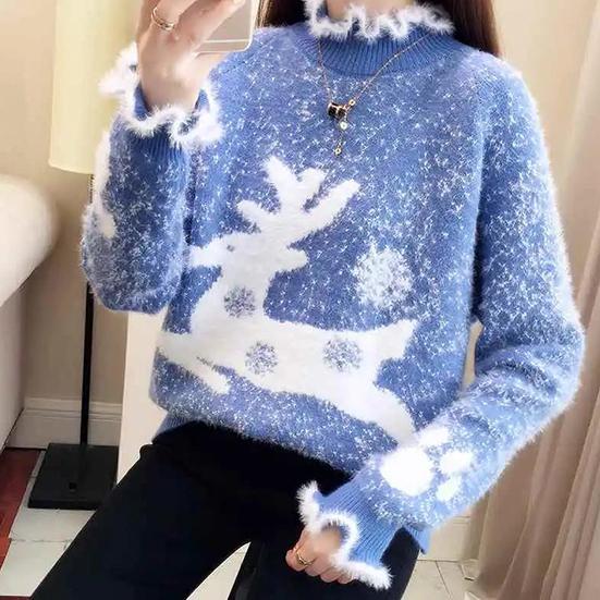 Women's Winter Loose Elk Sweater Female Large Size Temperament Sweater Half-high Lace Collar Christmas Knitted Pullover