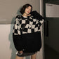 Checkerboard Sweater Long-sleeved Women Loose Retro Outer Wear Top Knitted Sweater Casual Ladies Autumn Winter