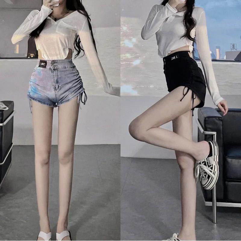 Drawstring High Waist Denim Shorts Women's Summer Sexy Thin Wide Leg Pants Girls Versatile Personality Shorts