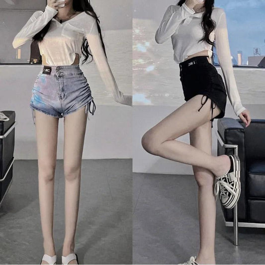 Drawstring High Waist Denim Shorts Women's Summer Sexy Thin Wide Leg Pants Girls Versatile Personality Shorts