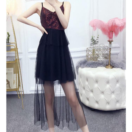 2020 Summer Dress Women's Leakage Back Sexy Sequin Dress Mesh Suspender Dress Super Fairy Cake Dress