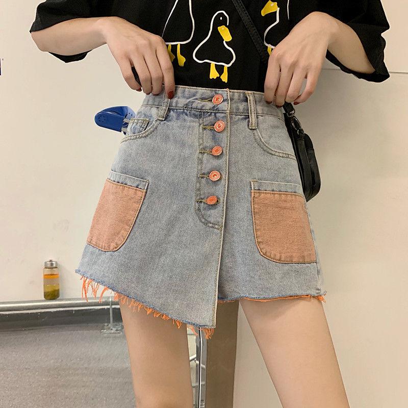 Spring Korean Design Sense Stitching Single-breasted High-waisted Denim Shorts and Skirt Pants Trendy
