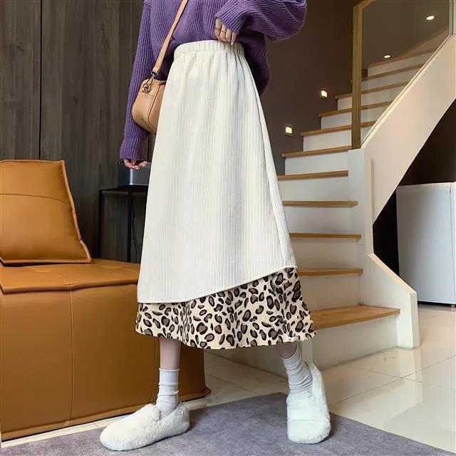 Autumn and Winter Retro Corduroy Leopard Print Stitching Skirt Female High-waisted Thin A-line Mid-length Umbrella Skirt
