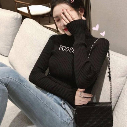 Pofulove Solid Color Neck Sweater  Half Turtleneck Lettering Sweater Knit Sweater Top Retro Slim