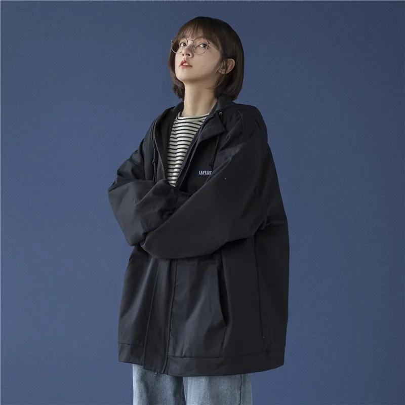 Women's Spring and Autumn Workwear Coat Student Korean Style Loose Versatile Hooded Jacket Casual Zipper Baseball Uniform Cardigan Top