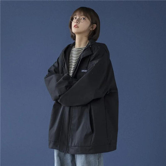 Women's Spring and Autumn Workwear Coat Student Korean Style Loose Versatile Hooded Jacket Casual Zipper Baseball Uniform Cardigan Top