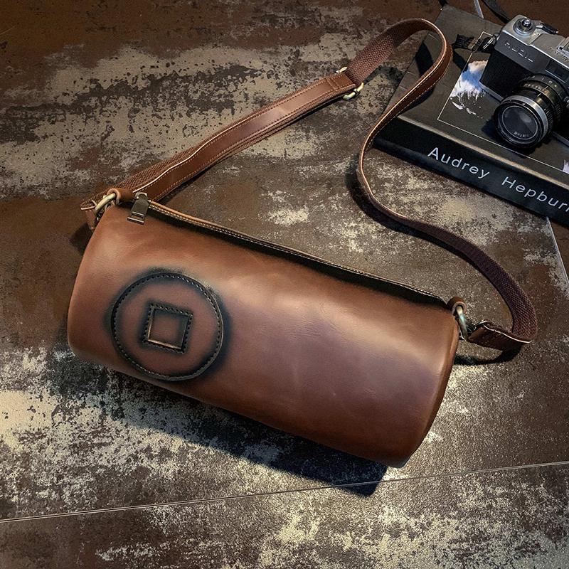 Travel Bag Men Brown Waterproof Wear-resistant Leather Handbag Sports Fitness Shoulder Business Bag