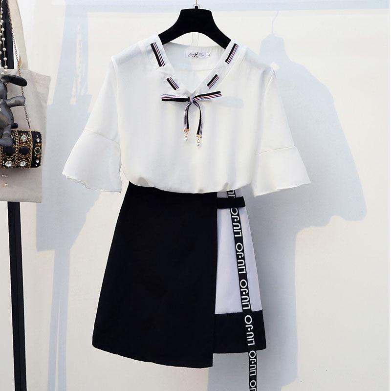 Fashion Women Skirt Set  Summer Bow V-neck Blouse Irregular Skirt Two-piece Set Female Thin Skirt Set