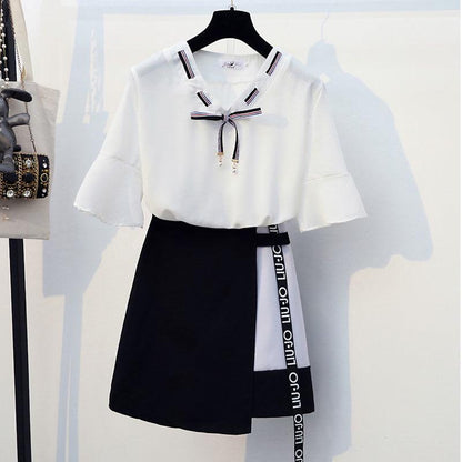 Fashion Women Skirt Set  Summer Bow V-neck Blouse Irregular Skirt Two-piece Set Female Thin Skirt Set