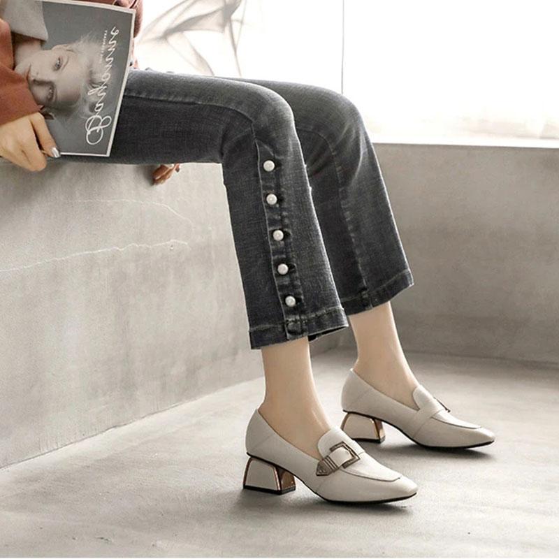 Soft Surface Comfortable Real Cowhide Thick Mid-heel Work Shoes Casual Shoes Single Shoes Women's Square Toe English Small Leather Shoes