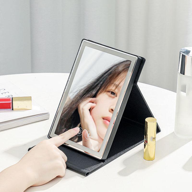 Ladies Professional LED Leather Bluetooth Makeup Mirror Portable Foldable Mirror and Speakers In One HD Mirror Touch Screen Control