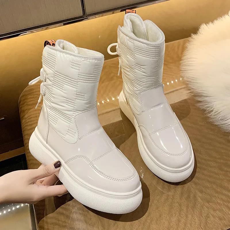 Thickened and Velvet Waterproof White Snow Boots Women's Shoes Winter Wild Short-tube Middle-tube Thick-soled Cotton Boots