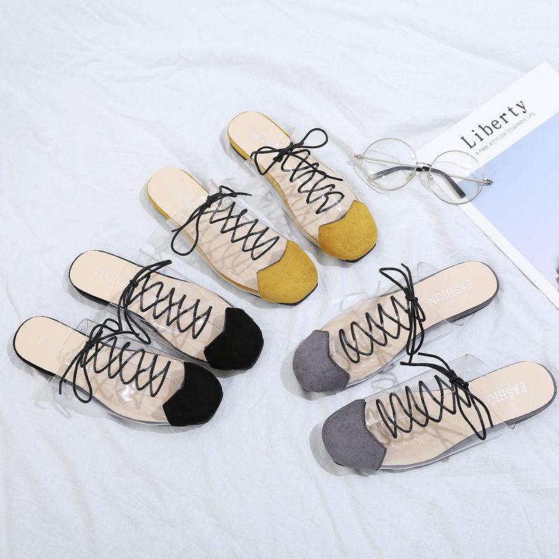 Transparent Half Slippers Women Spring and Summer Square Head Lace Slippers Fashion Flat Slippers Women