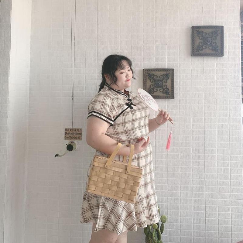 Fat Girl 300 Kg Extra Large Plaid Dress Summer New Product Improved Version Loose and Thin Ruffled Cheongsam Women