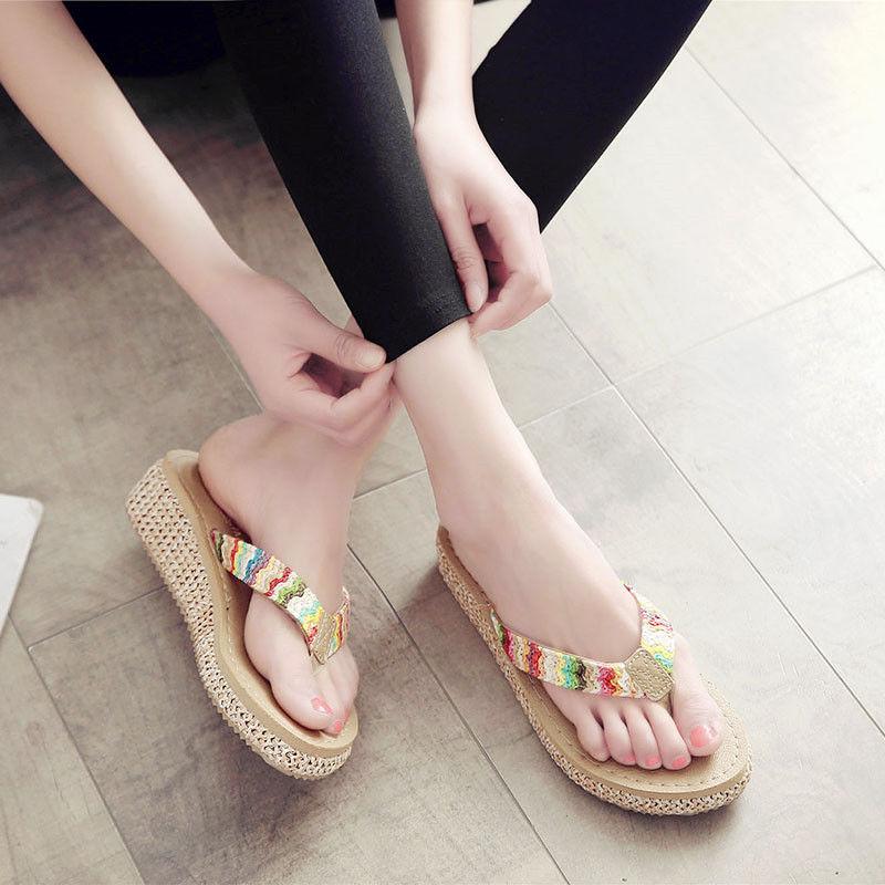 Slippers Female Summer Wear Thick Bottom Flip Flops Ladies Anti-skid Clip Feet Increase Seaside Beach Sandals and Slippers