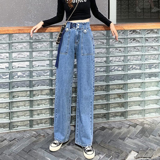 Spring and Autumn High-waisted Abdomen Wide-leg Jeans Women's Loose Students Straight and Thin Trousers