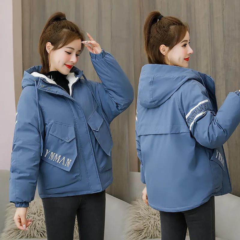 Winter Women's Parker Down Jacket Korean Fashion Printing Plus Velvet Thick Warm Hooded Down Cotton Jacket