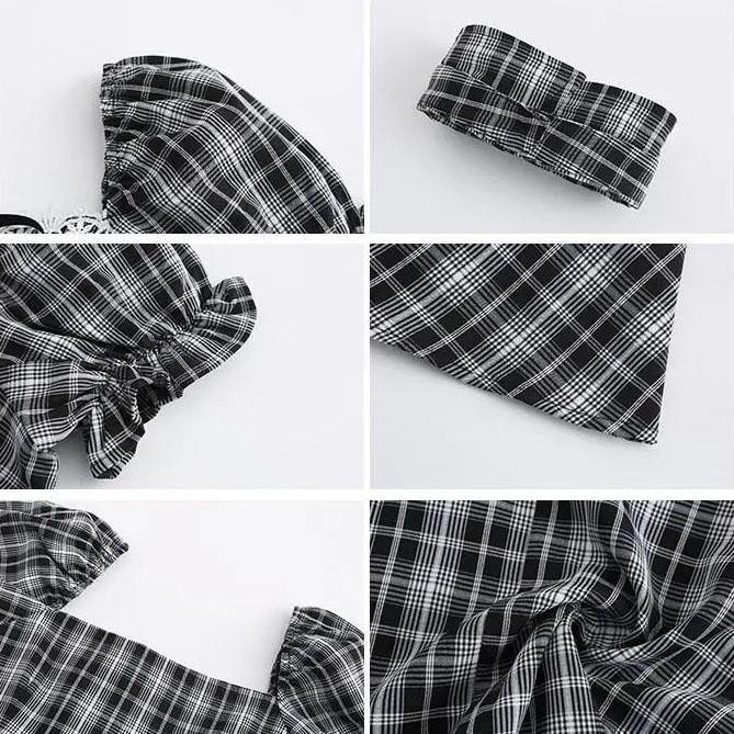 Female Summer Simple Irregular Bubble Sleeve Waist Show Thin Sweet Gentle Mid Waist Plaid Dress