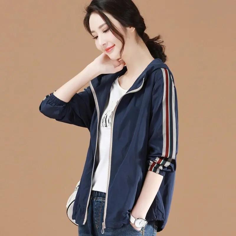 Women's Hooded Baseball Jacket Spring Casual Jacket Loose Top Solid Color Zipper Anti-wrinkle Jacket