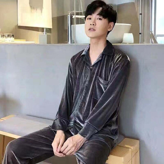 Gold Velvet Men's Pajamas Long-sleeved Spring-autumn-winter Leisure Plus Size Warm Home Service Suit